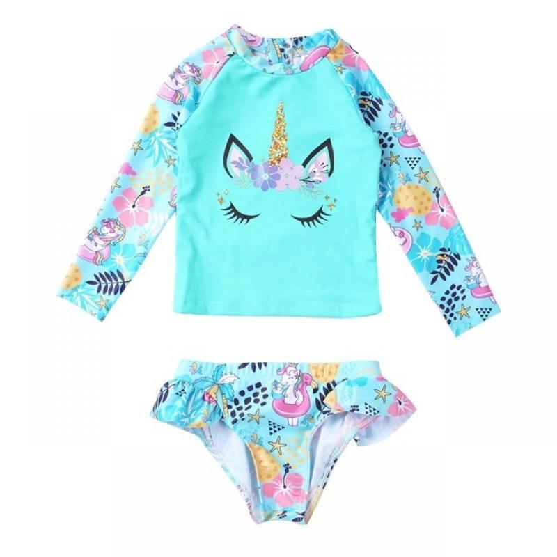 Kids Girls Brazilian 2Pcs Swimming Suit Swimwear Long Sleeve Cartoon Horse Print Tops Briefs Bikinis Set Beachwear Bathing Suits