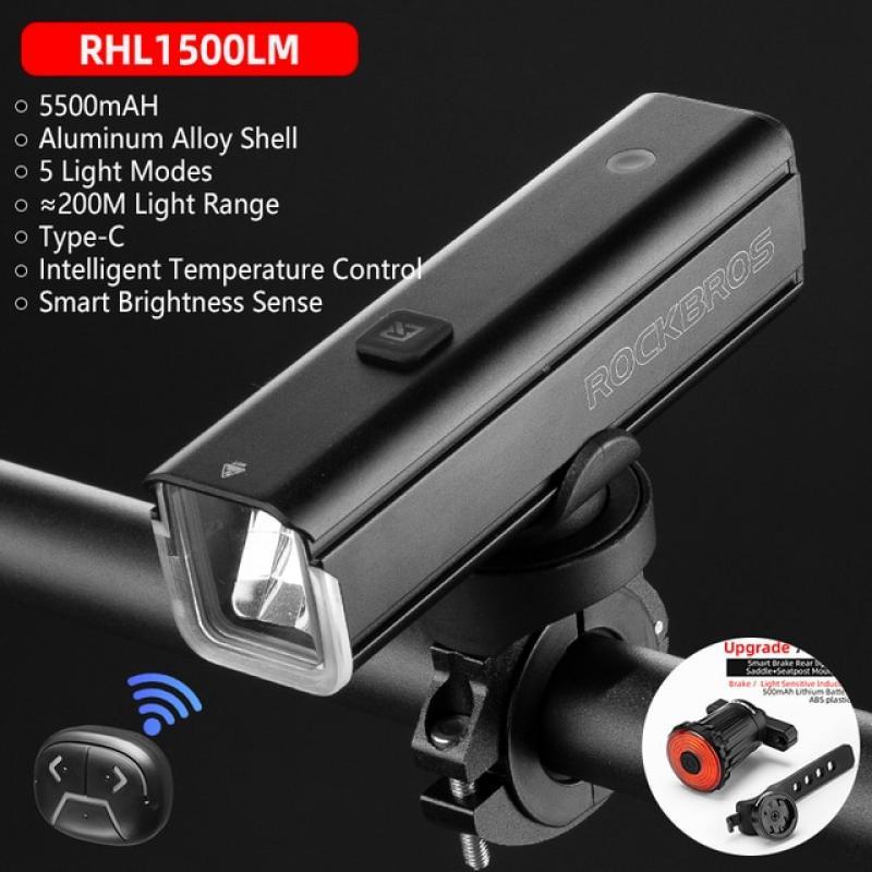 ROCKBROS Bike Front Light 1500LM 5000mAH Battery Bicycle Light Aluminum Smart Sense LED Lamp Flashlight Cycling Headlight