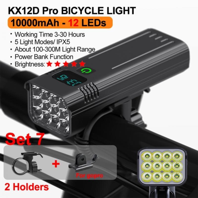 10000mAh Bicycle Light 12LEDs Type-C Digital Battery Indicator USB Rechargeable Bike Light Set with 3 Holders 5000LM Flashlight