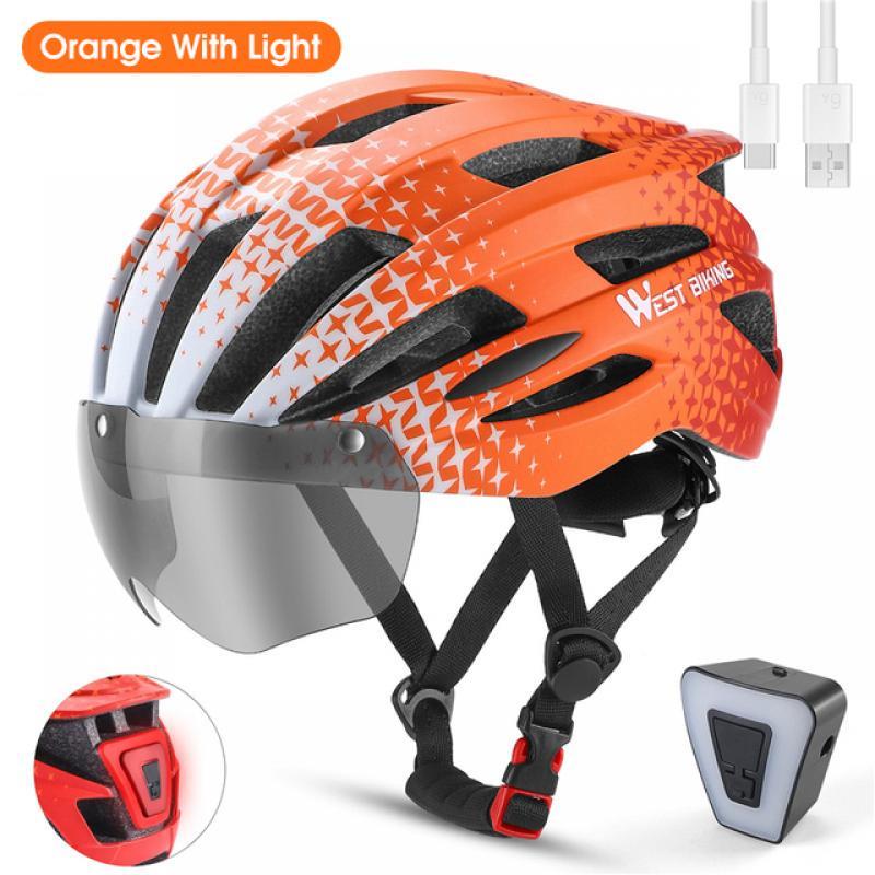 WEST BIKING Men Women Cycling Helmet With Taillight Goggles Sun Visor Lens Bicycle Helmet MTB Road Bike E-Bike Motorcycle Helmet