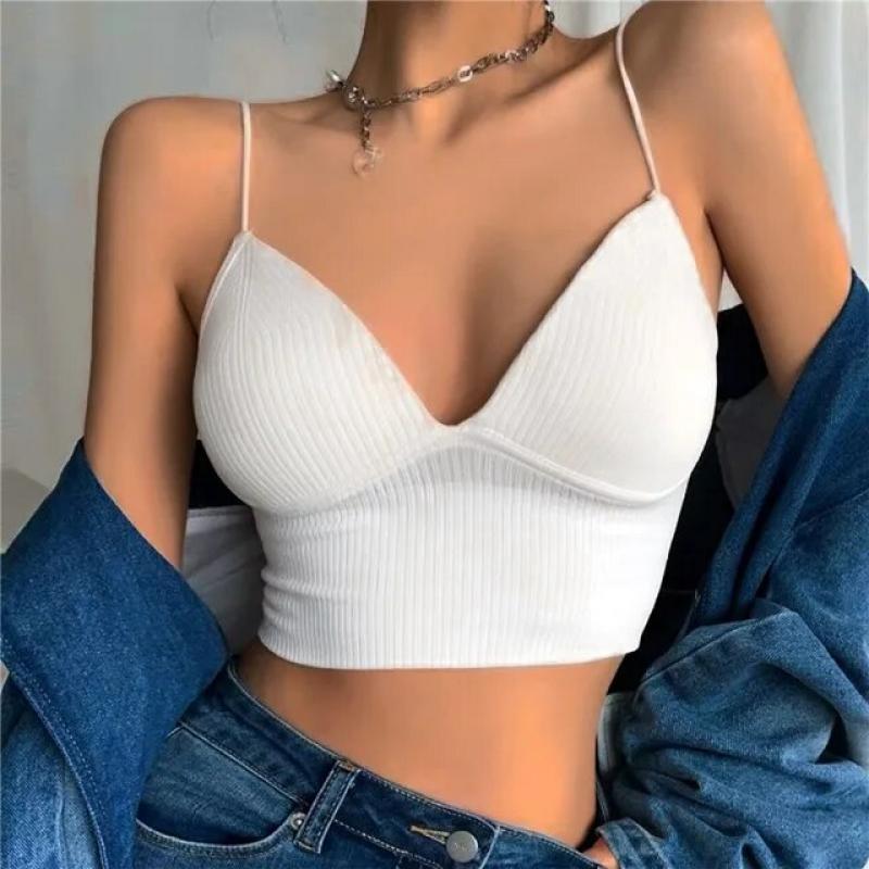 Women Seamless Crop Top Underwear Wire-Free V-Shaped Camisole Thin Straps Striped Solid Bralette Lingerie One-Piece Tube Tops