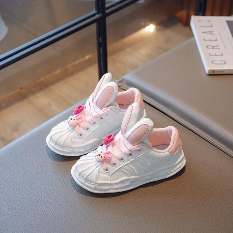 Children Sneakers Small White Shoes Waterproof Leather Rabbit Big Ears Skateboard Shoes Girls Casual Shoes New Kids Board Shoes