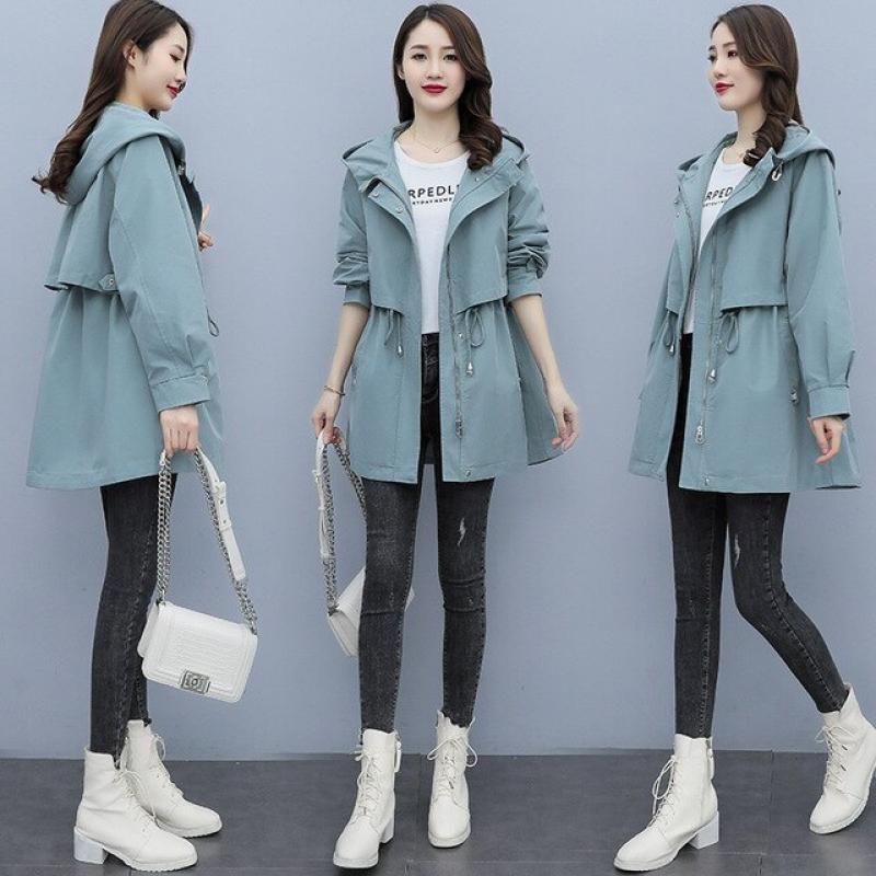 2023 spring and autumn new windbreaker women's mid-length Korean drawstring waist casual coat