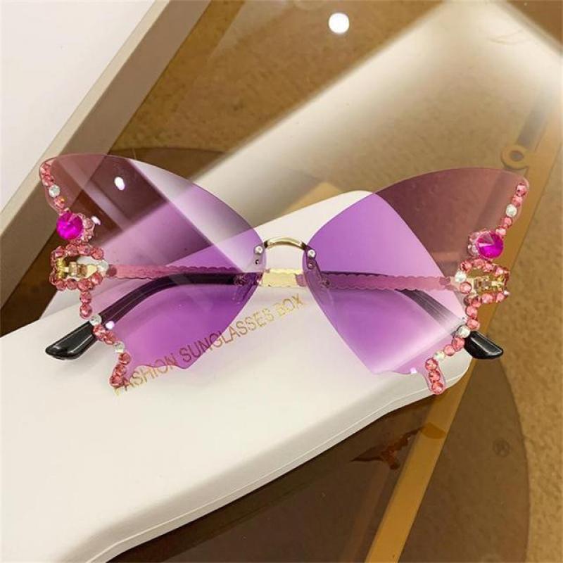 Rimless Butterfly Sunglasses Rhinestone Luxury Brand Design Vintage Women Men Cutting Gradient Lens Sun Glasses Shades Travel