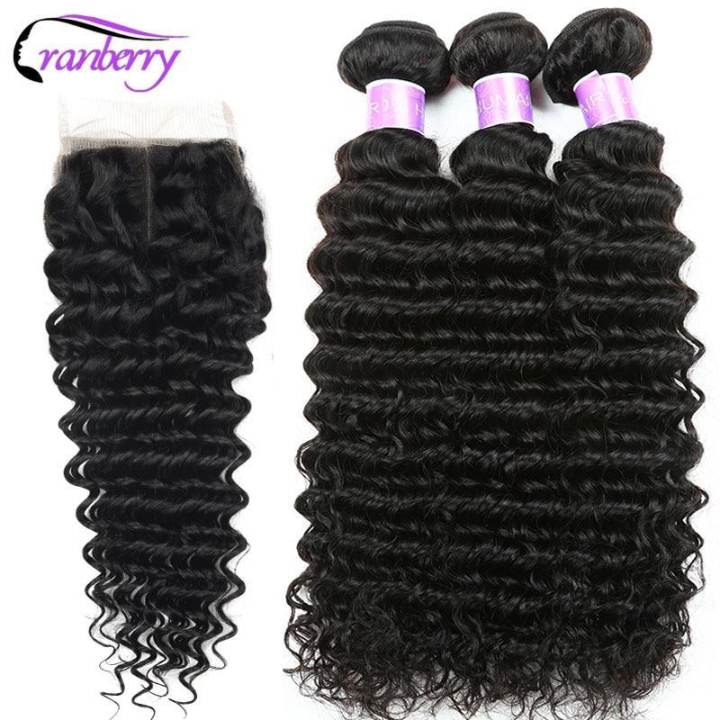 CRANBERRY Hair Deep Wave Human Hair Bundles With Closure 4 pcs/lot Brazilian Hair Weave Bundles With Closure Remy Hair Extension