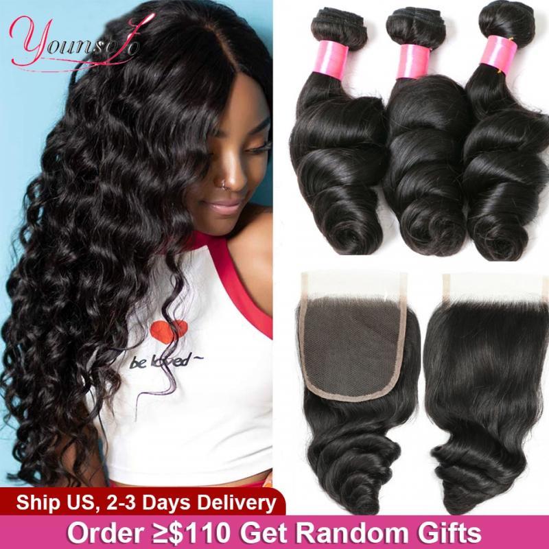 Younsolo Human Hair Loose Wave Bundles With Closure Brazilian Remy Human Hair 3/4 Bundles With Swiss Lace Closure Natural Black