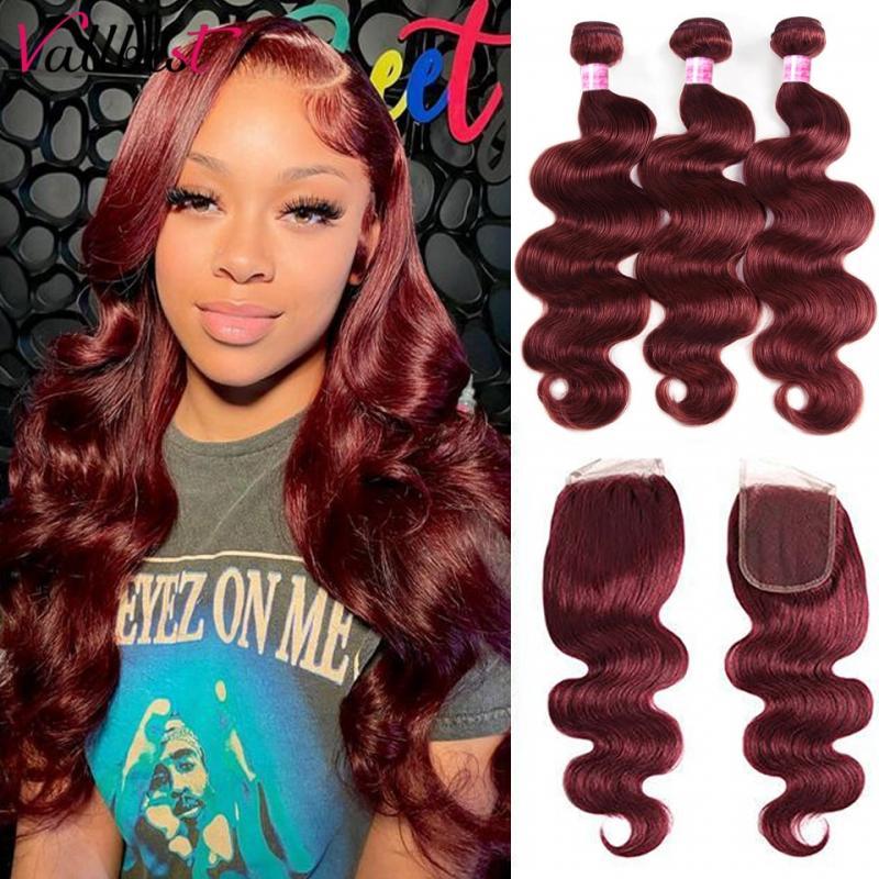 Vallbest 32 Inch 99J Body Wave Bundles With Closure Brazilian Wavy Burgundy Human Hair Bundles With 4x4 Lace Closure Remy Hair