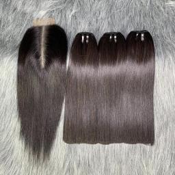 Bone Straight Raw Human Hair Bundles 100Percent 12A Straight Raw Human Hair Nature Black 3bundles With Closure 2x6 Lace Kim K Closure