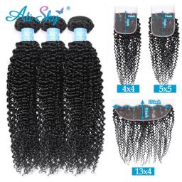 Afro Kinky Curly Bundles With 13X4 Lace Frontal Transparent Lace Human Hair Curly Bundles With  5X5 Lace Closure Natural Black