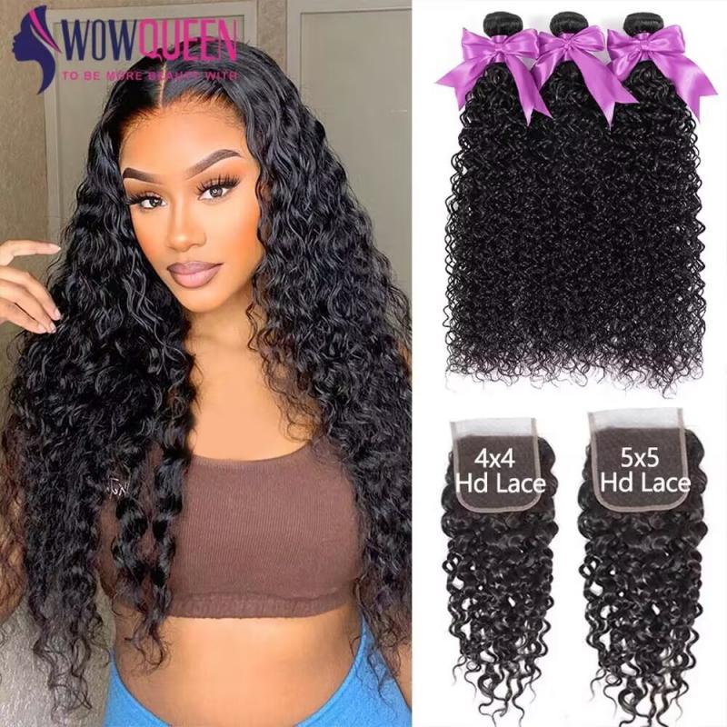 30 32 Inch Water Wave Human Hair Bundles With Closure 5x5 Hd Lace Closure with Bundles Brazilian 34 36 inch Human Hair Bundles