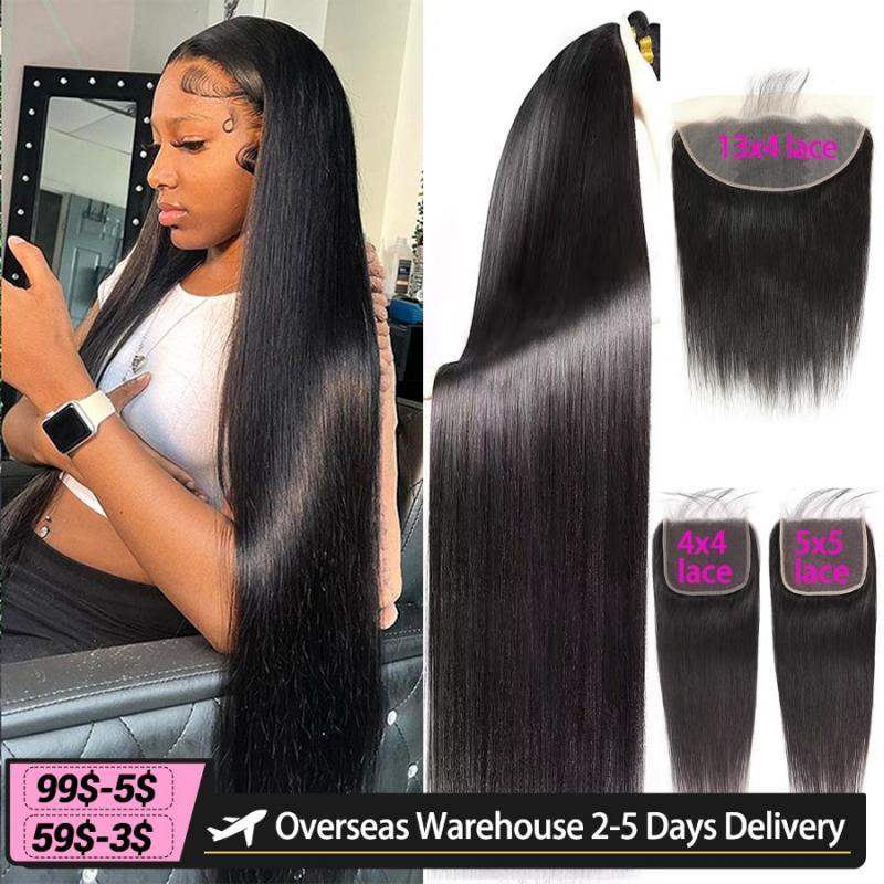 Brazilian Straight Remy Hair 36 40 Inch Human Hair Bundles With 13X4 Lace Frontal Promqueen Human Hair Ear To Ear 4x4 Closure