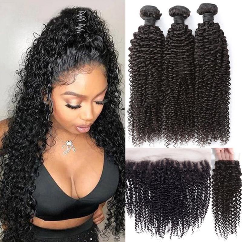 Peruvian Kinky Curly Bundles With Closure 13x4 Lace Frontal With Bundles Human Hair Bundles With Frontal Closure Virgin Hair