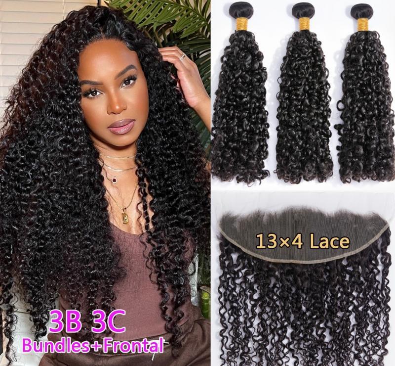 Brazilian 3B 3C Spirals Curly Bundles With Frontal 10A Pixie Curl  Virgin Human Hair Extension Kinky Curly Weave With Closure