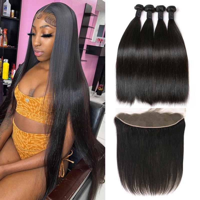 30 32 34 Inch Bone Straight 3 4 Bundles With Frontal 13x4 Transparent Lace Frontal Brazilian Human Hair Extensions For Women