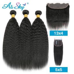 Kinky Straight Human Hair 3Bundles With 4x4 5x5 Closure Long 30inch Yaki Straight Bunldes With A Frontal 13x4 Tissage Bresilien