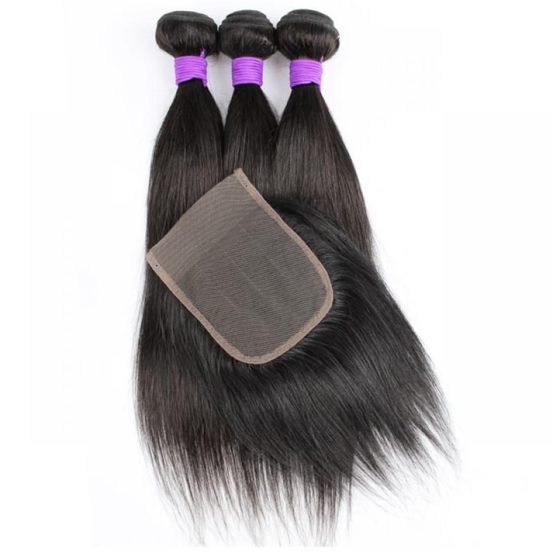 3 Bundles With 4x4 Lace Closure 200g/lot Natural Color Indian Human Hair Extension Straight 4*4 Transparent Swiss Lace