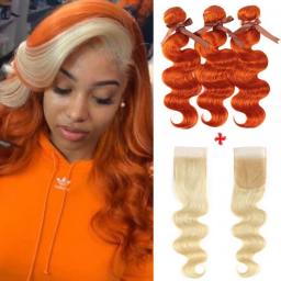 Remy Forte Blonde Body Wave Bundles With Closure Orange Brazilian Hair Weave Bundles 3 Bundles Human Hair With Closure Fast USA