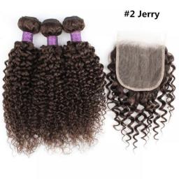 Jerry Curly 3 Bundles With 4*4 Lace Closure 200g/lot Natural Color Dark Brown #2 #4 Remy Indian Human Hair Extension