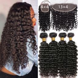 12A Deep Wave Bundles With Closure Frontal Ear To Ear 100Percent Remy Human Hair Weave Deep Water Wave Curly Hair Extexsions Malaysian