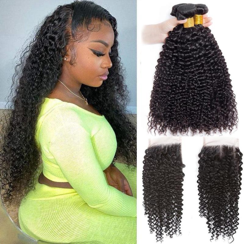 Brazilian  Kinky Curly Bundles With Frontal Curly 100% Human Hair Bundles With Closure 13x4 HD Transparent Lace Front With Bundl