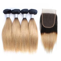 4 Bundles With 4x4 Lace Closure 200g/Lot For One Head 1B27 Honey Blonde Pre-colored Remy Indian Human Hair Extension