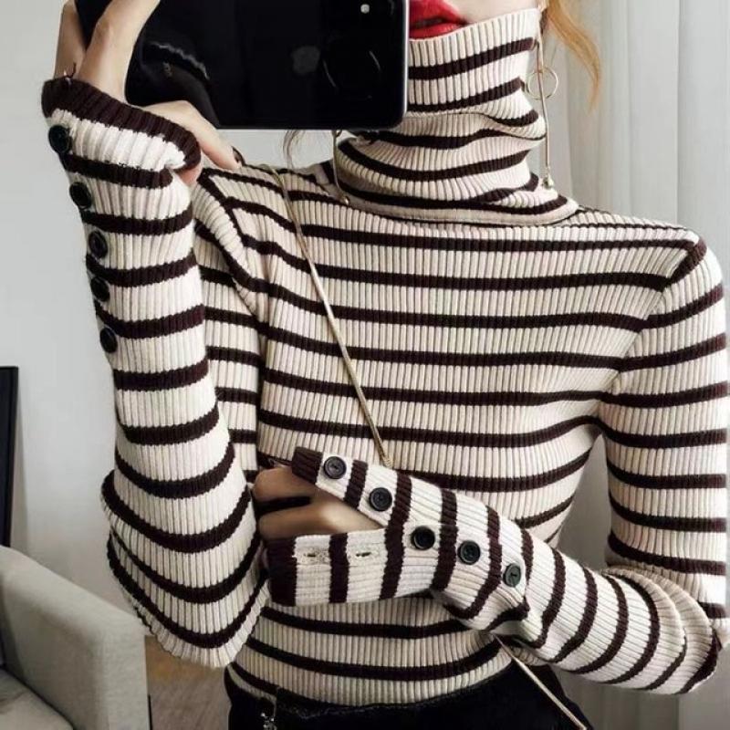 Fashion Turtleneck Knitted Button All-match Striped Sweater Women's Clothing 2022 Autumn New Casual Pullovers Loose Korean Tops