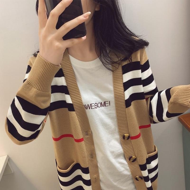 Women's sweater women's jacket cashmere cardigan mid-length knitted jacket V-neck loose striped sweater thin ladies trench coat