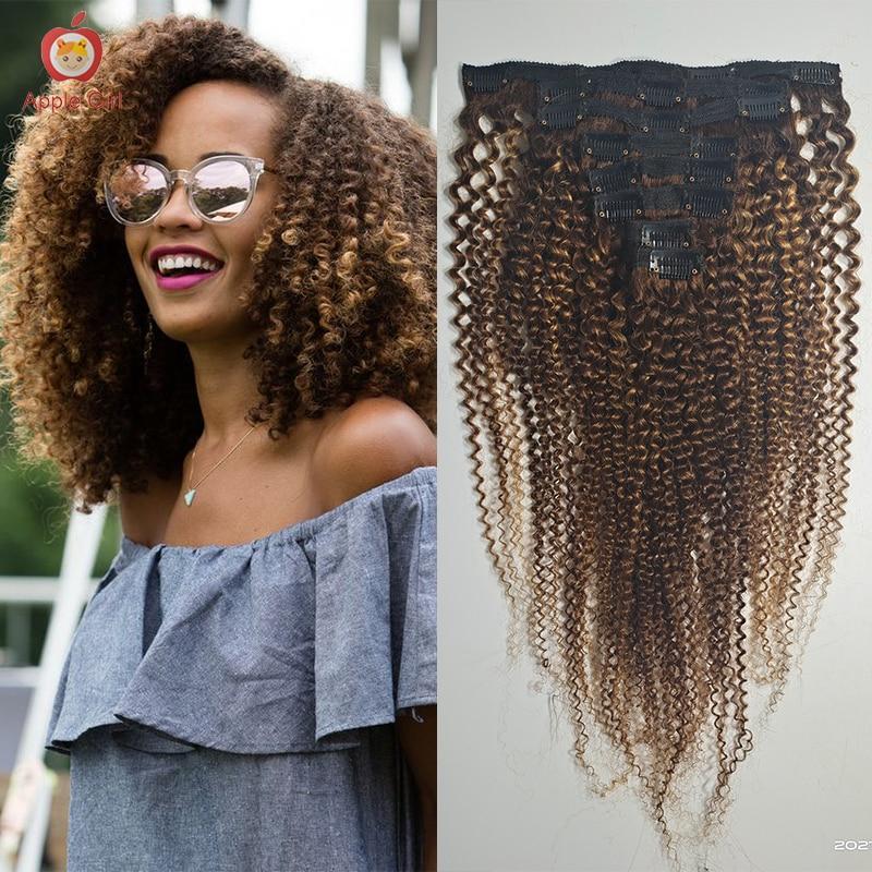 Highlights Clip In Afro Kinky Curly Hair Extensions 3C 4A Applegirl Brazilian Remy Clip-In Hair Weave Full Head 8PCS 120g/Set