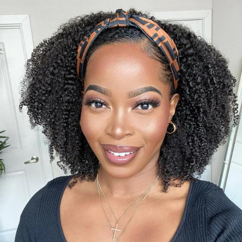 Afro Kinky Curly Human Hair Headband Wig For Black Women Natural Color Glueless Full Manchine Scarf Wigs Full Machine Made Hair