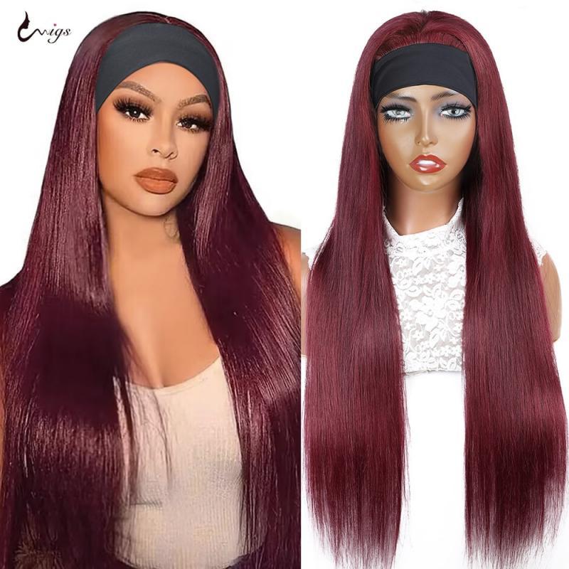 Uwigs 99J Burgundy Headband Wig Human Hair 250 Density Straight Human Hair Wigs For Women Glueless Full Machine Made Colored Wig