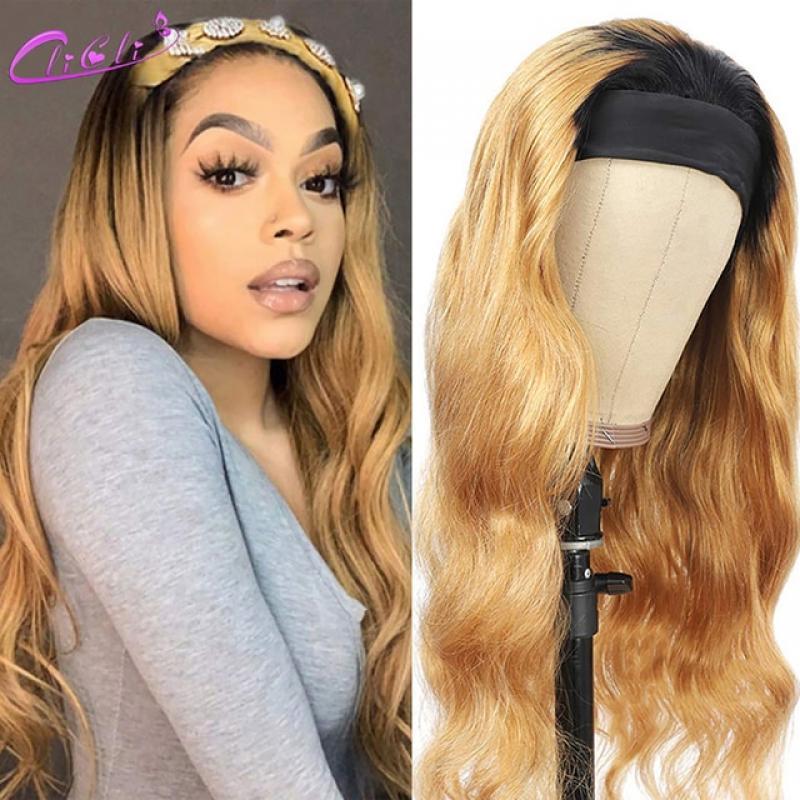 Headband Wig Human Hair Wigs For Women Ombre Brown Body Wave Human Hair Wig Honey Blonde Scarf Wig With Headbands Attached 180%