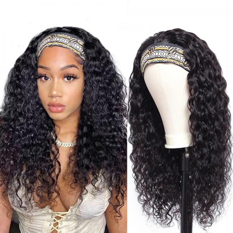 Water Wave Glueless Human Hair Wigs Indian Headband Wig For Black Women Long Hair 12-28Inch Curly Headband Wig Natural Color