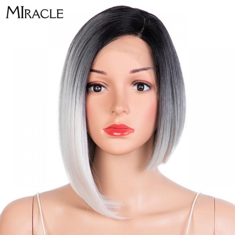MIRACLE Synthetic Lace Wig For Women Straight Short Bob Wig Side Part Ombre Blonde Lace Wigs High Temperature Fiber Cosplay Wig