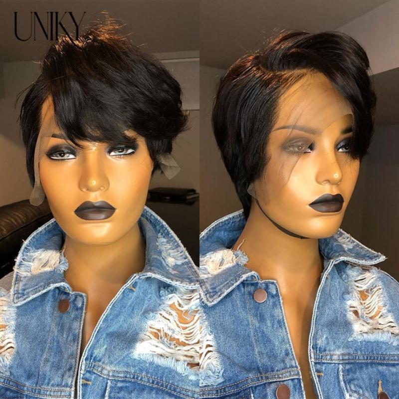 Pixie Cut Wig Human Hair Ombre Blonde Cheap Short Bob Straight Wig For Black Women Transparent Lace Frontal Brazilian Remy 180%