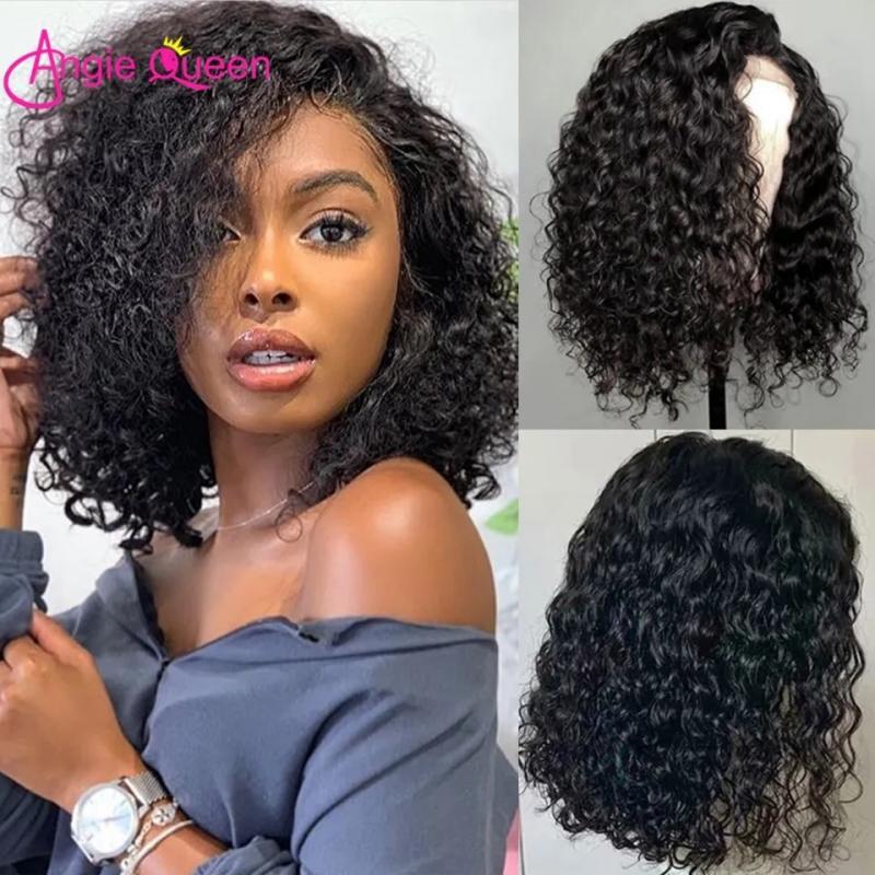 Peruvian Water Wave Human Hair Bob Wigs Transparents Lace Frontal Wig Short Human Hair Curly 4x4 Closure Wig T Middle Part