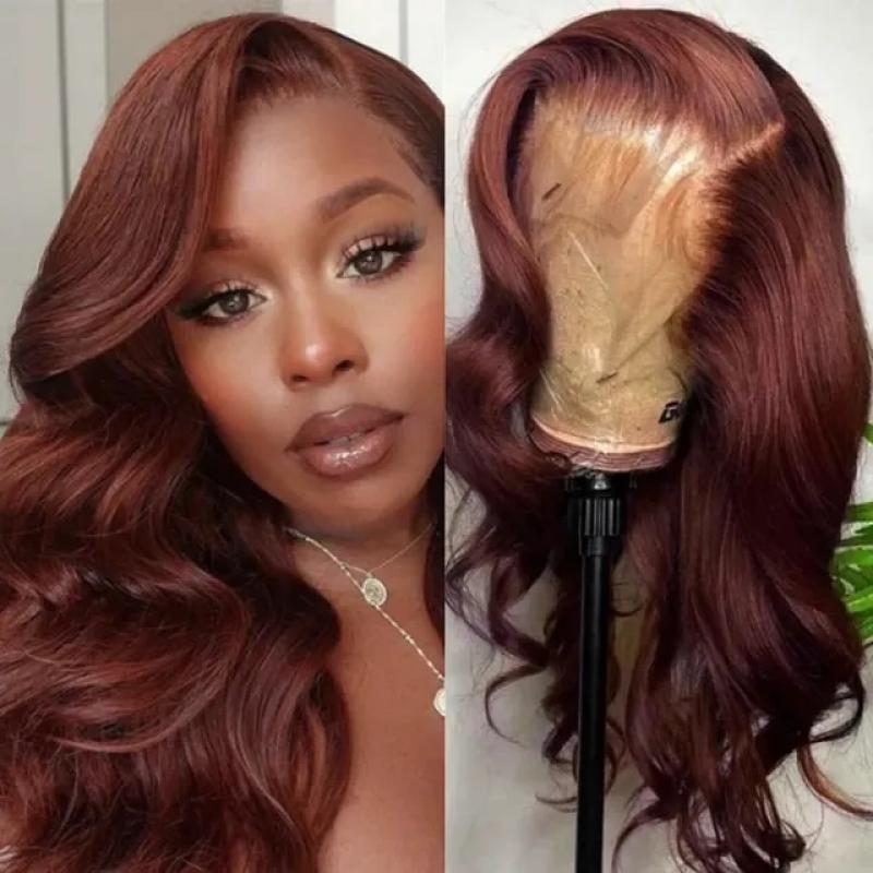 Copper Red Brown Wavy Synthetic Lace 13X1 T Part Wigs For Women Reddish Brown Long Body Wave Pre Plucked With Baby Hair Fiber