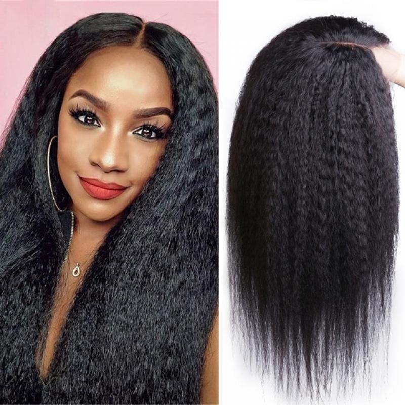 HairUGo 13*1 T Part Kinky Straight Human Hair Wigs Peruvian Remy Lace Part Wigs For Women Human Hair 250% High Density Lace Wig
