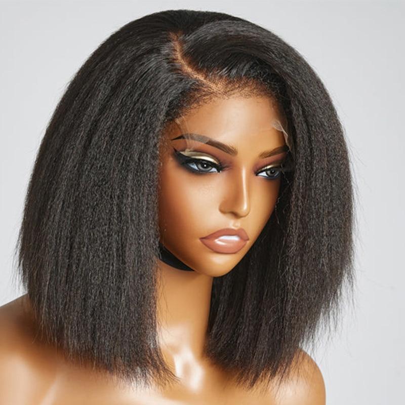 Black Yaki Short Cut Bob Kinky Straight  Lace Front Wig For Women With Babyhair Natural Hairline Synthetic Heat Resistant Daily