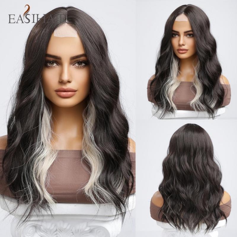 EASIHAIR Copper Red Brown Long Curly Wavy Synthetic Lace Wigs Natural Hairline Lace Wigs for Women Daily Cosplay Heat Resistant