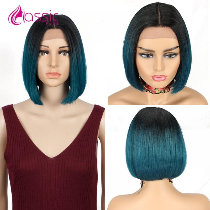 Classsic Plus 10 inch Short Bob Straight Wigs for Women High quality Ombre Black Blue Synthetic Lace Wig Cosplay Party Daily