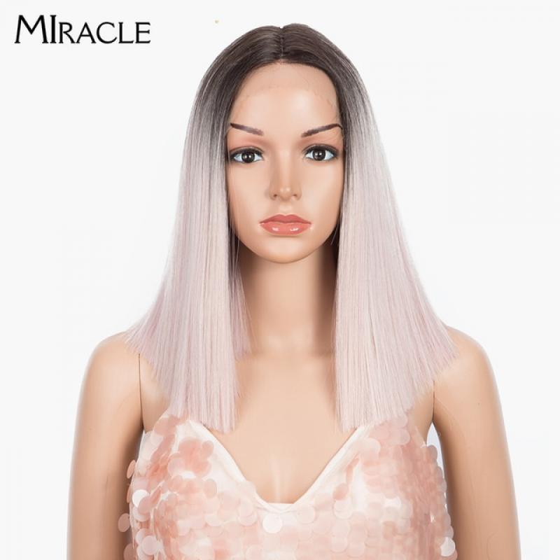 Miracle Synthetic Lace Wigs For Women Blonde Short Bob Wigs 613 Lolita Wig14Inch Ombre Pink Red Wig High Temperature Fiber