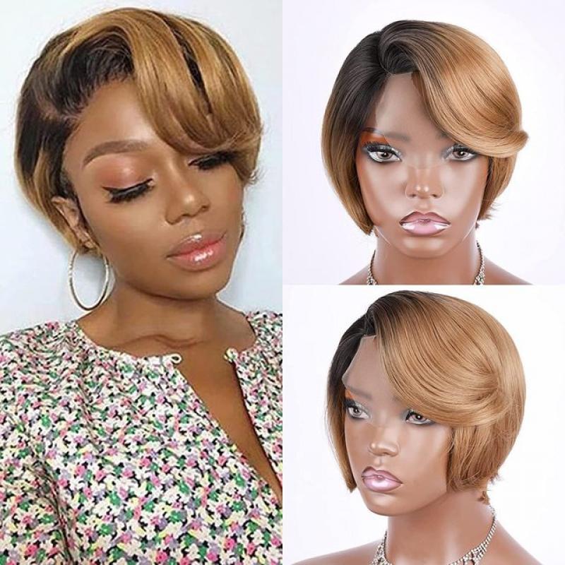 Short Bob Pixie Cut Brown Lace Wigs Straight Natural Hair Synthetic Side Part Machine Made Ombre Blonde Wigs For Drag Queen