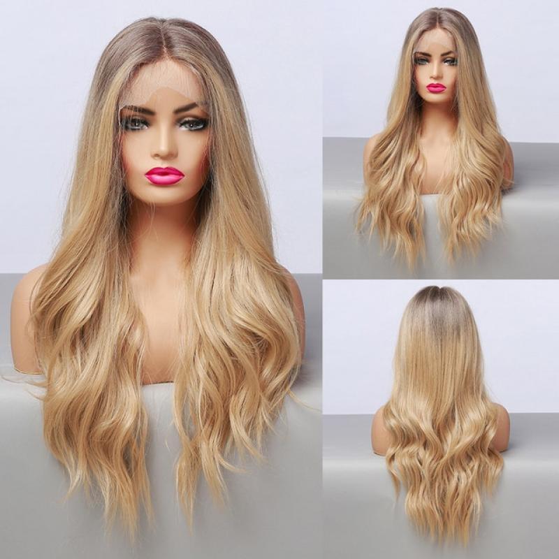 EASIHAIR Long Brown Lace Front Synthetic Natural Hair Wigs Blonde Highlight Lace Frontal Wig for Women Cosplay Wigs High Density