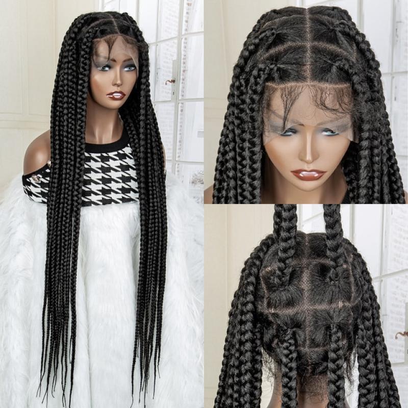 Full Lace Cornrow Braids Synthetic Lace Front Wig Big Square Knotless Box Braids Wig with Baby Hair Braided Wigs for Black Women