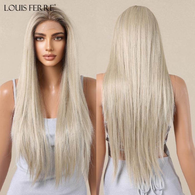 Platinum White Blonde Lace Front Synthetic Wigs for White Women Long Straight Middle Parted Lace Wigs Daily High Temperture Hair