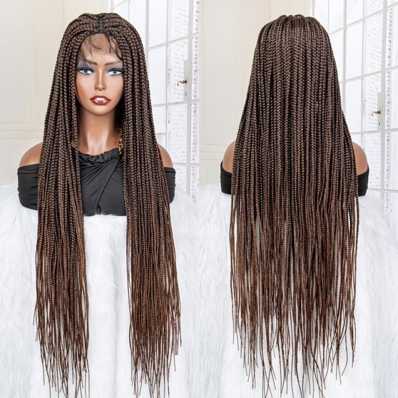 African American Synthetic Braid Wigs With Baby Hair Full Lace Frontal 36 Inches Black Knotless Box Braids Wig For Black Women