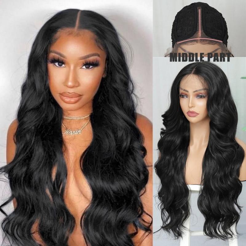 SOKU Body Wave Synthetic Lace Front Wig 26 Inches Loose Wave Hair with Natural Baby Hair Middle Part Layered Wigs for Women