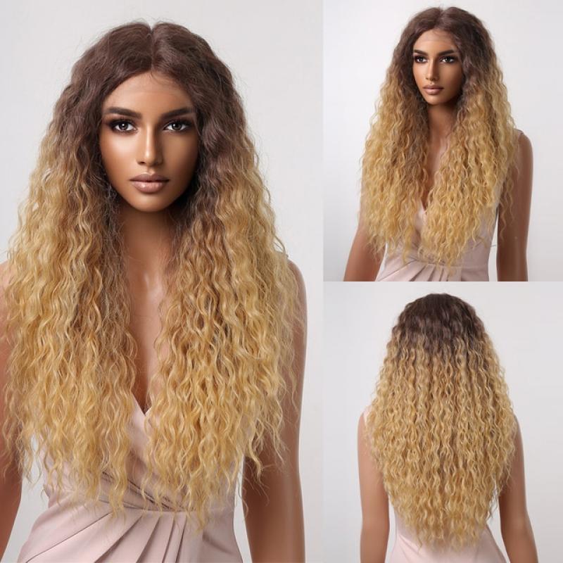 Lace Frontal Synthetic Wigs Long Kinky Curly Hair Wig For Black Woman Ombre Brown Blonde Highlihght Daily Party Heat Resistant