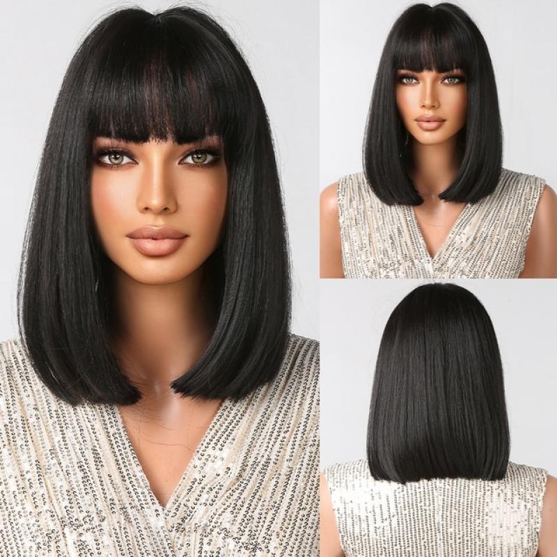 Dark Brown Bob Straight Synthetic Wigs with Full Bangs Black Short Hairs Wig for Women Daily Cosplay Party Heat Resistant Use