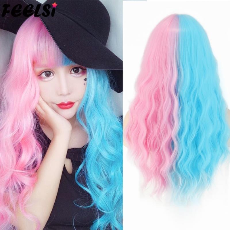 Lolita half Pink half Blue wig for Women Synthetic Wig with Bangs Heat Resistant Cosplay Wigs Halloween Wig